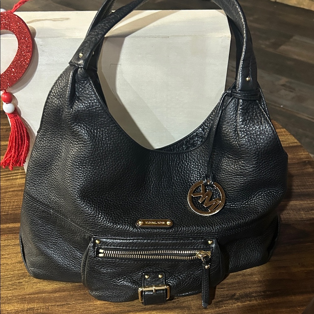Michael Kors Black Leather Hobo Bag with Gold Accents